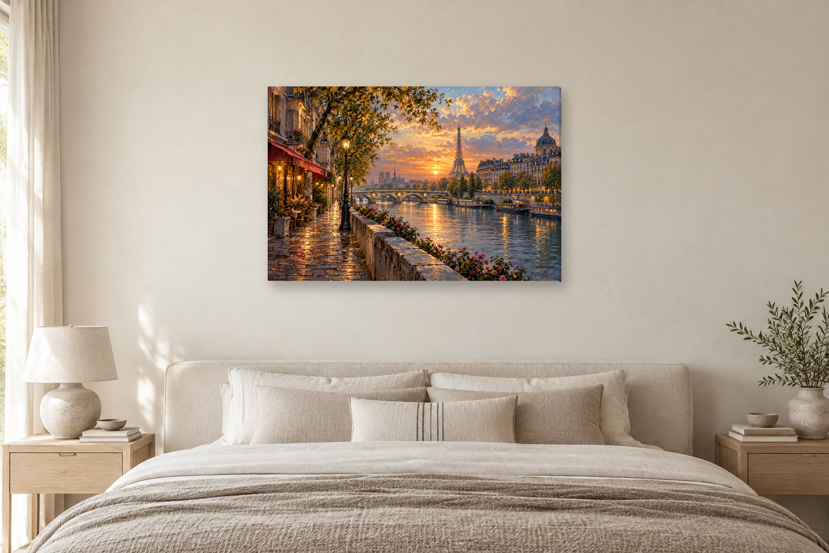 Paris Along The Seine — horizontal canvas in a bedroom, full original artwork