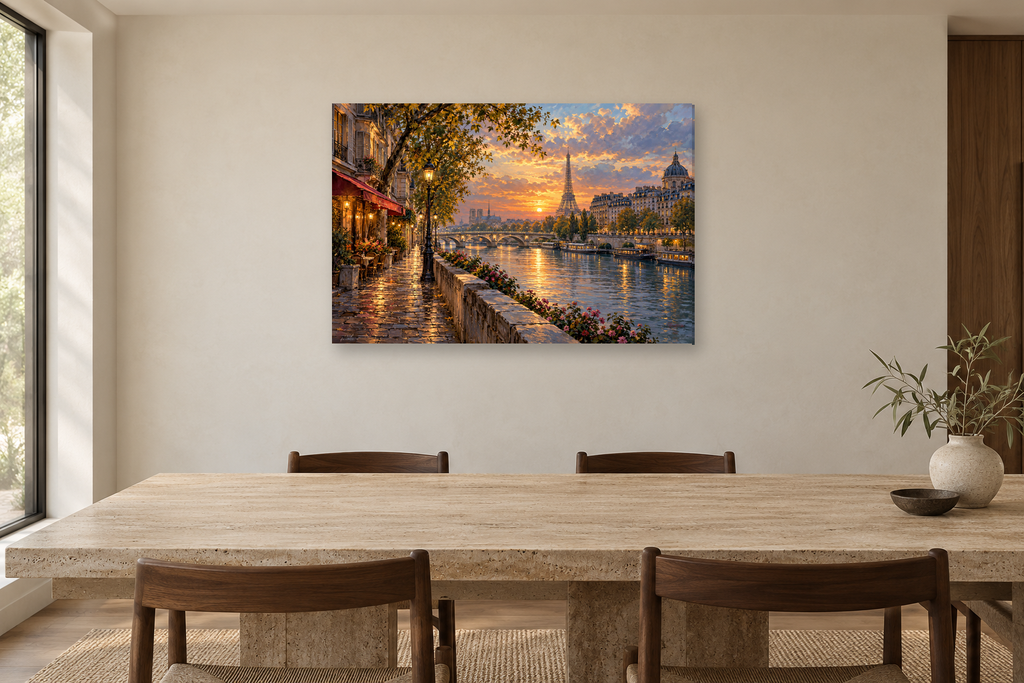 Paris Along The Seine — horizontal canvas in a dining room, full original artwork