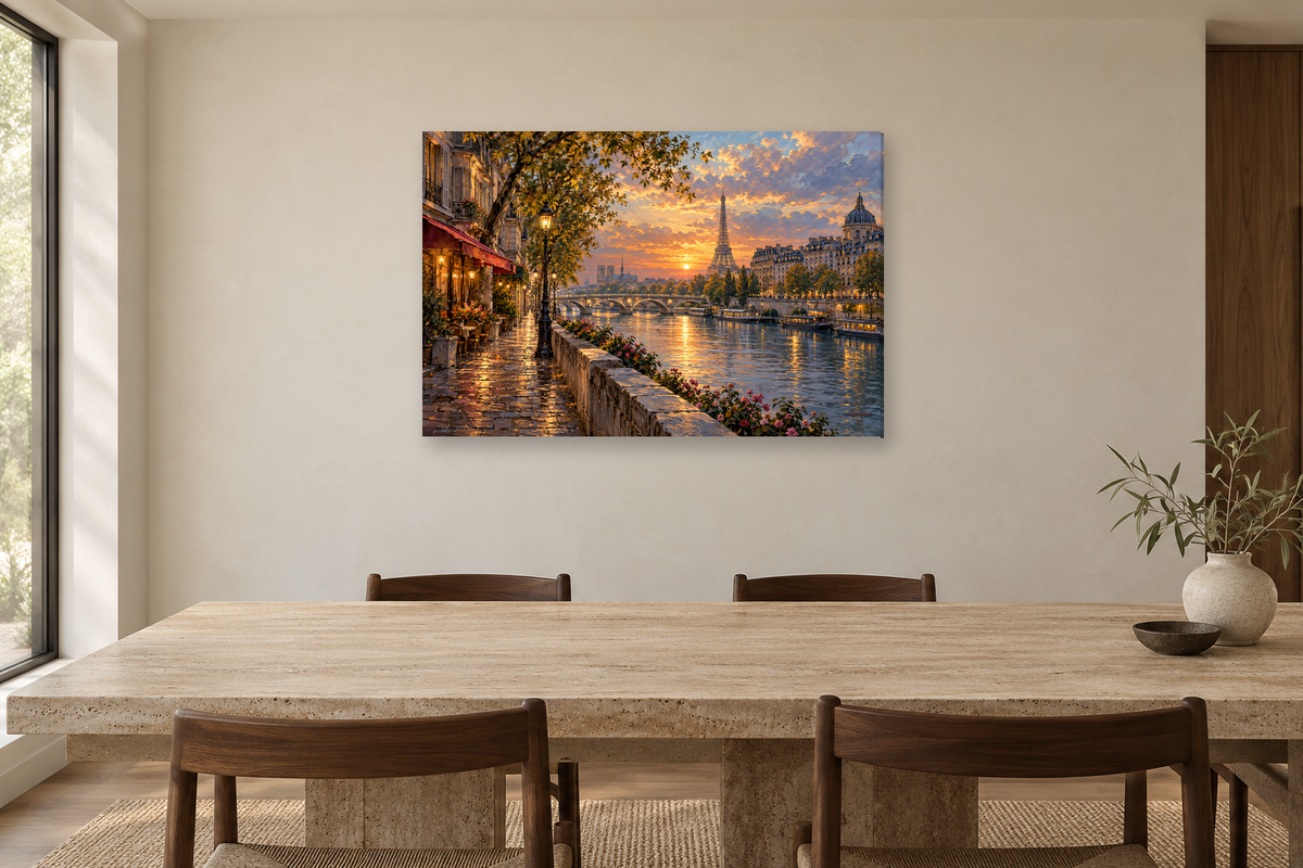 Paris Along The Seine — horizontal canvas in a dining room, full original artwork