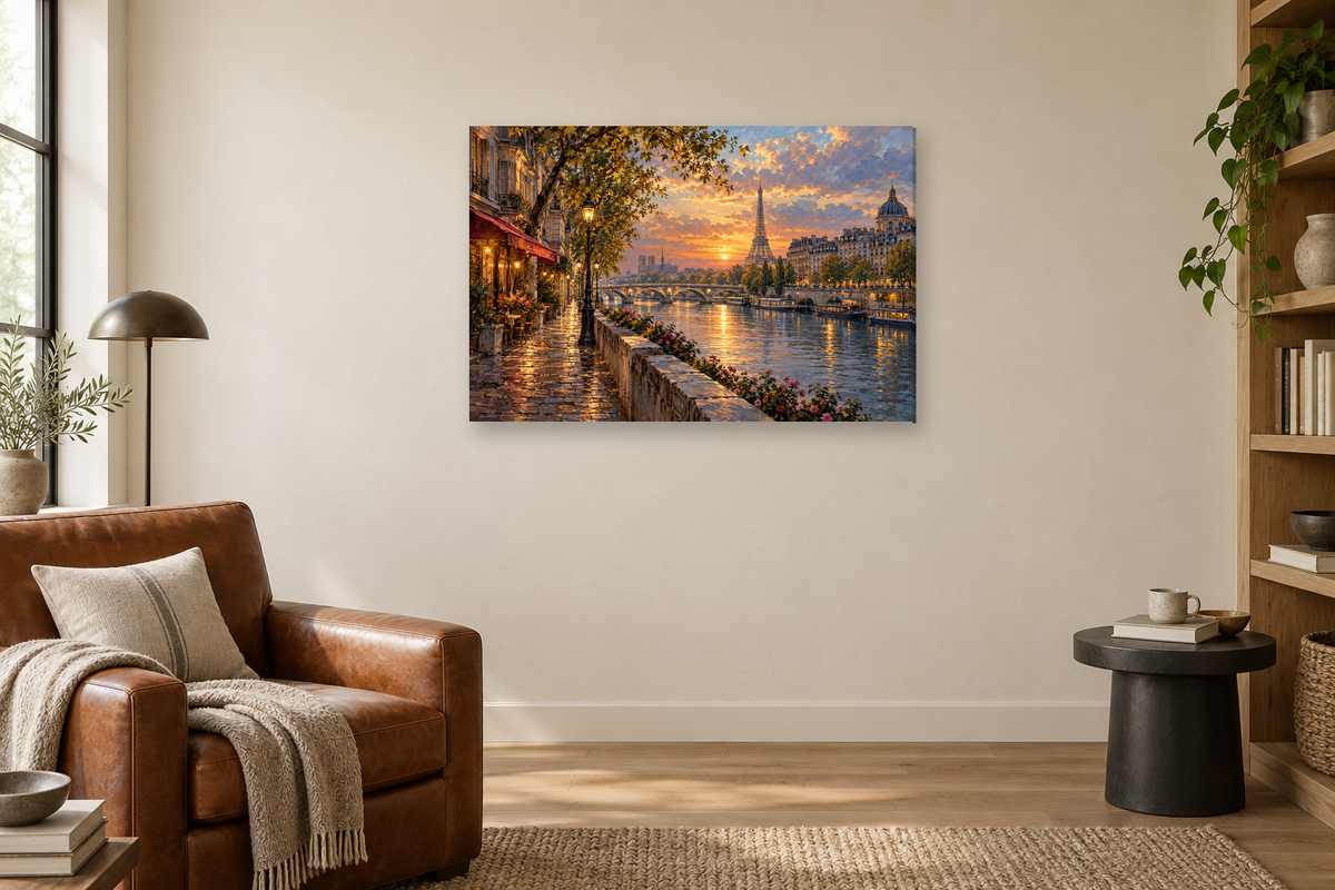 Paris Along The Seine — horizontal canvas in a reading corner, full original artwork
