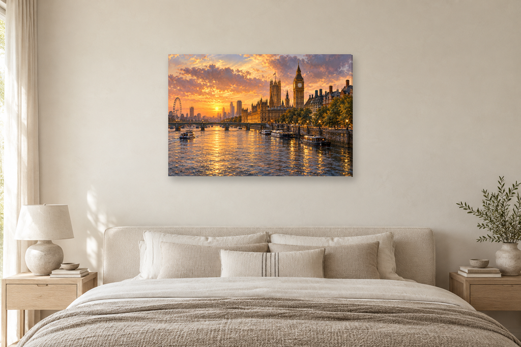 London River Light — horizontal canvas in a bedroom, full original artwork