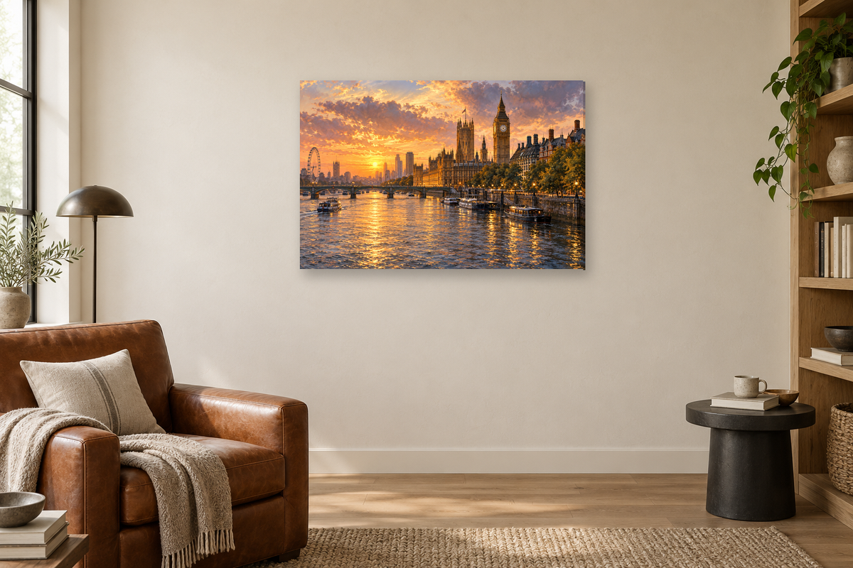 London River Light — horizontal canvas in a reading corner, full original artwork