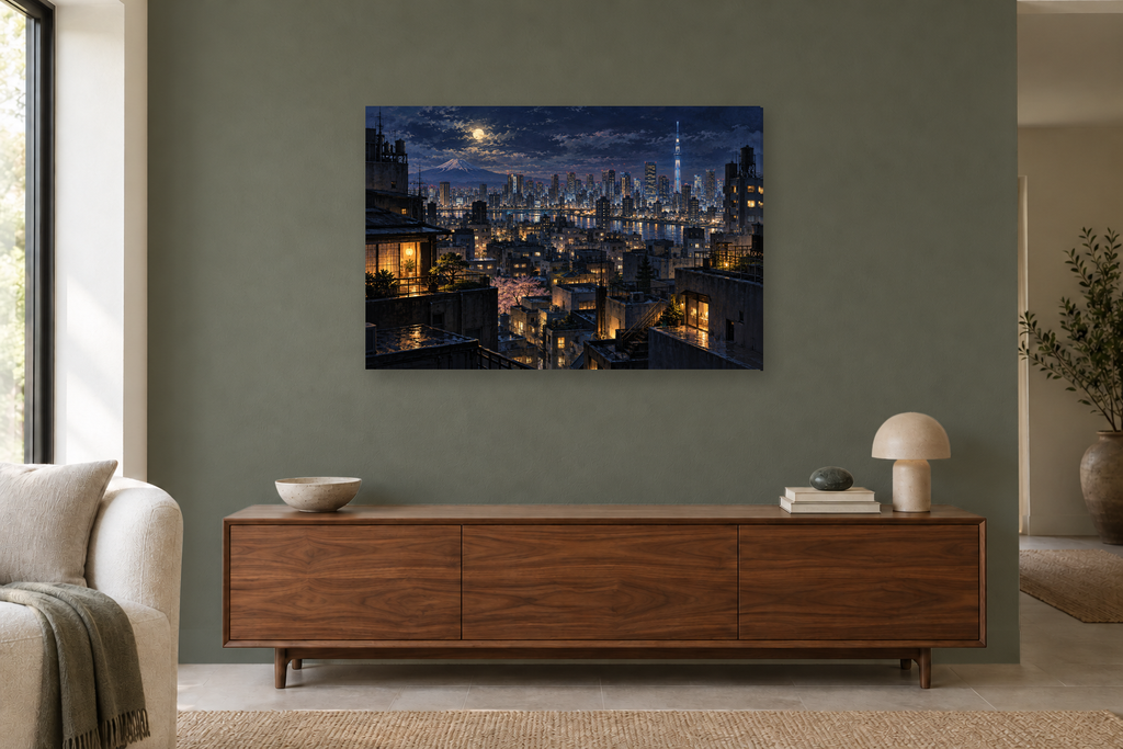 Tokyo Midnight — horizontal canvas in a living room, full original artwork