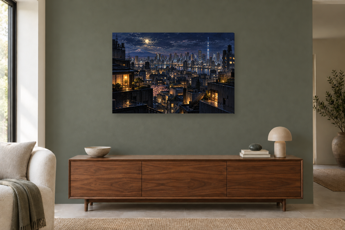 Tokyo Midnight — horizontal canvas in a living room, full original artwork