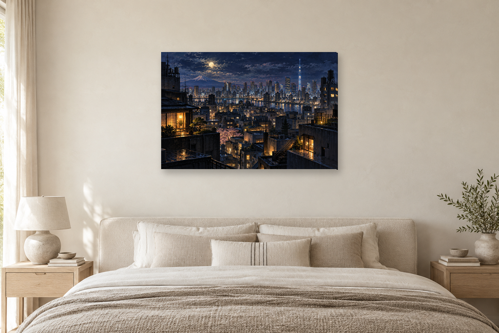 Tokyo Midnight — horizontal canvas in a bedroom, full original artwork
