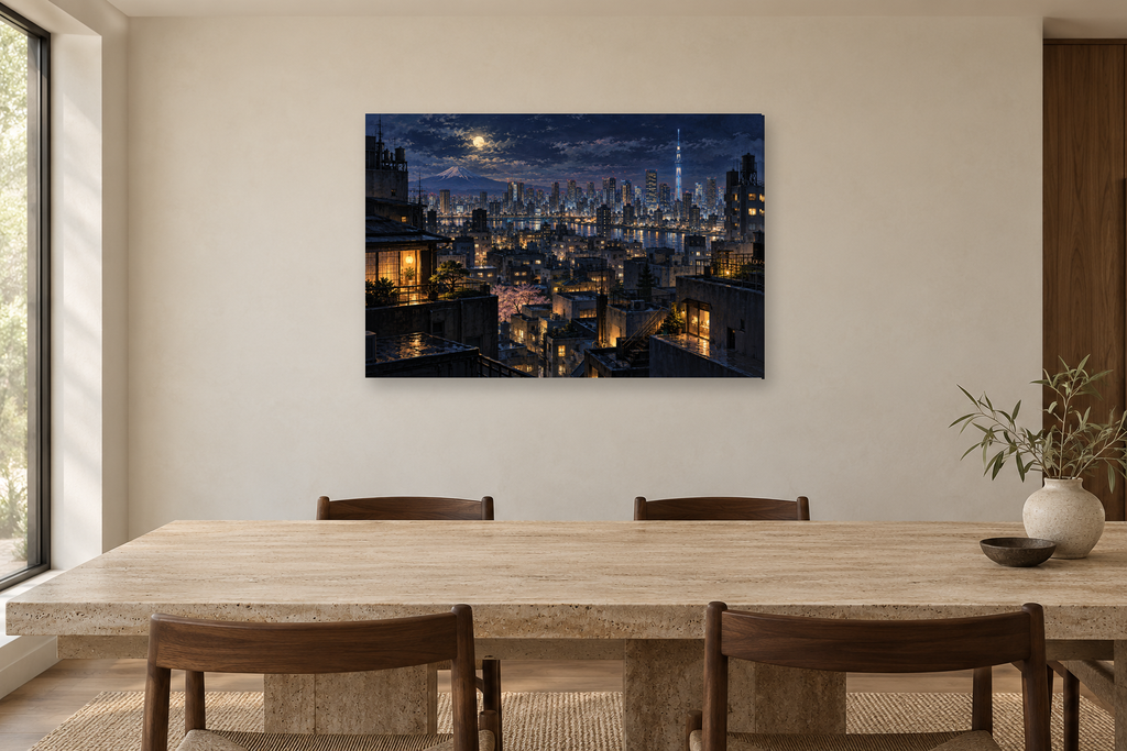 Tokyo Midnight — horizontal canvas in a dining room, full original artwork