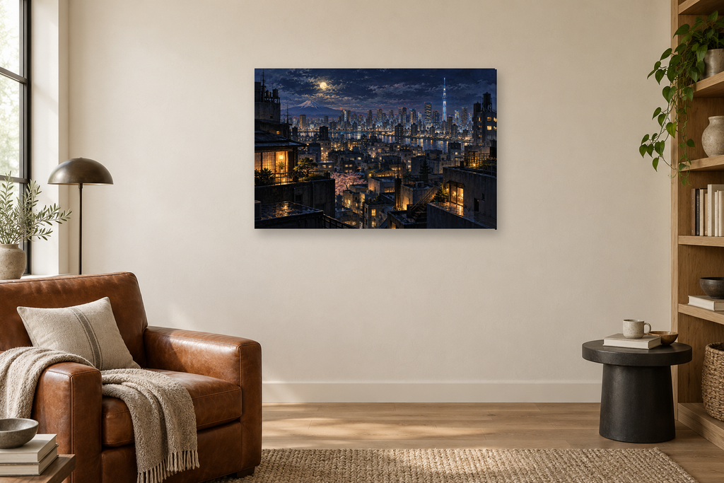 Tokyo Midnight — horizontal canvas in a reading corner, full original artwork