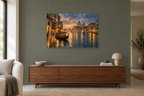 Venice Canal Gold — horizontal canvas in a living room, full original artwork