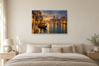 Venice Canal Gold — horizontal canvas in a bedroom, full original artwork