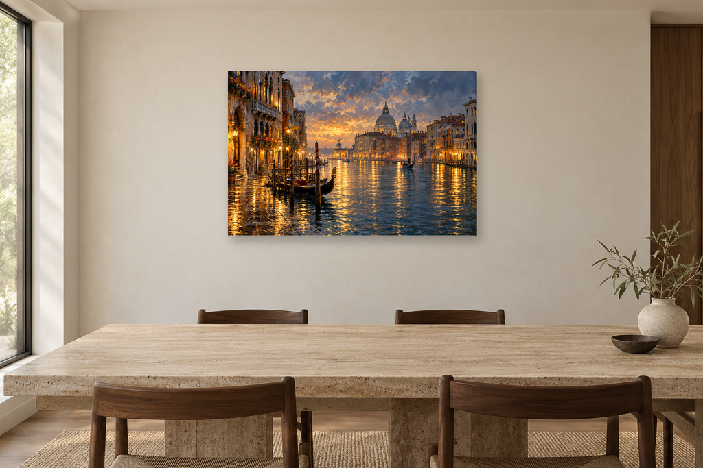 Venice Canal Gold — horizontal canvas in a dining room, full original artwork