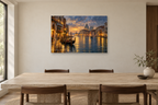 Venice Canal Gold — horizontal canvas in a dining room, full original artwork