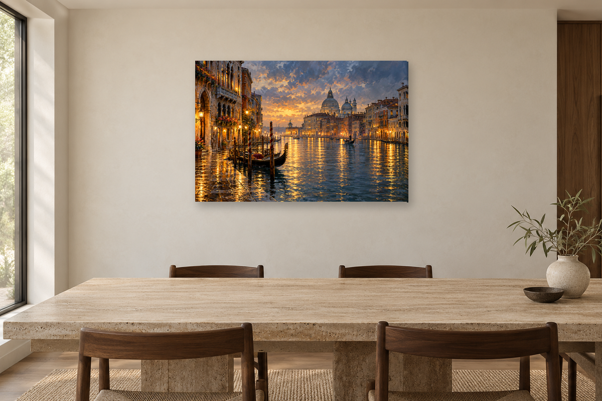 Venice Canal Gold — horizontal canvas in a dining room, full original artwork