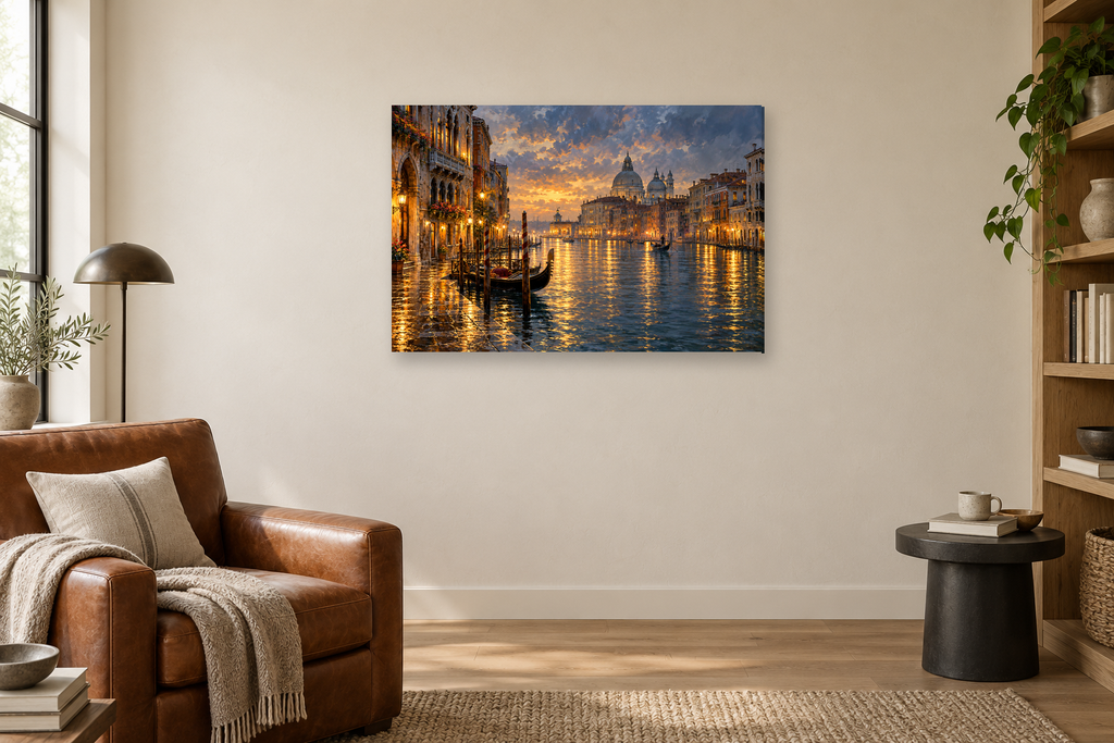 Venice Canal Gold — horizontal canvas in a reading corner, full original artwork