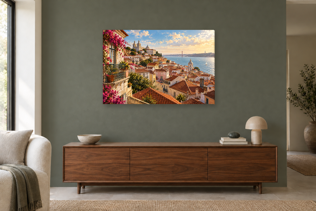Lisbon Rooftops — horizontal canvas in a living room, full original artwork