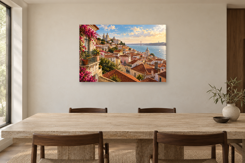 Lisbon Rooftops — horizontal canvas in a dining room, full original artwork