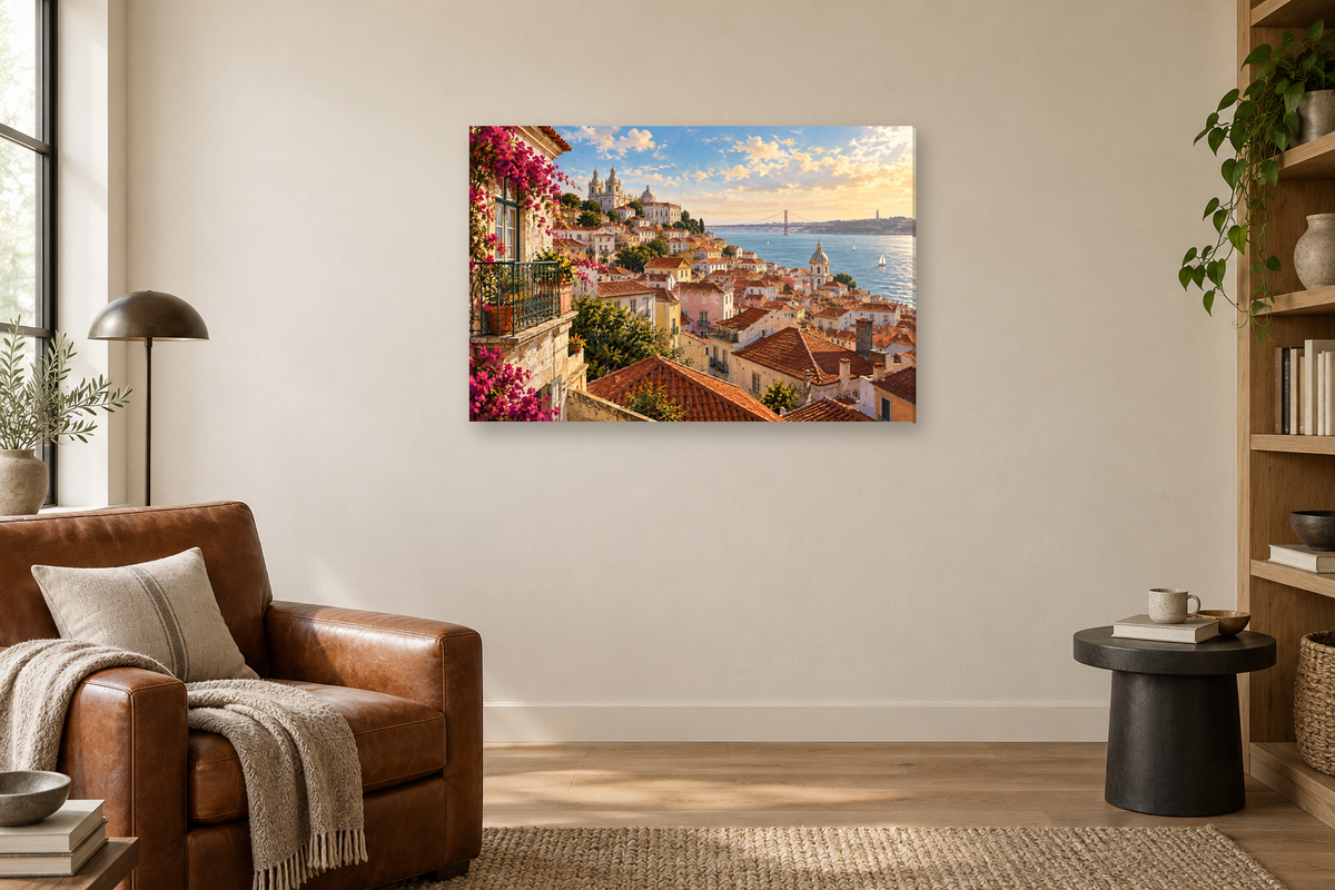 Lisbon Rooftops — horizontal canvas in a reading corner, full original artwork