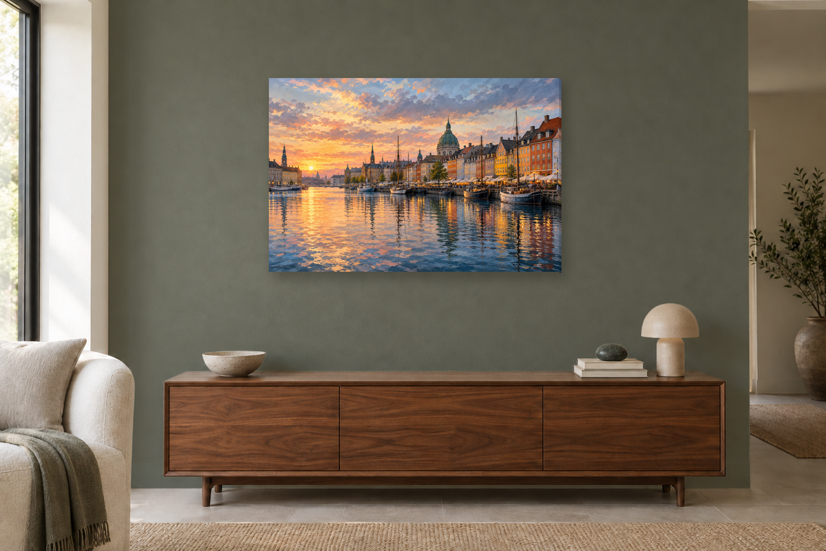 Copenhagen Harbour — horizontal canvas in a living room, full original artwork