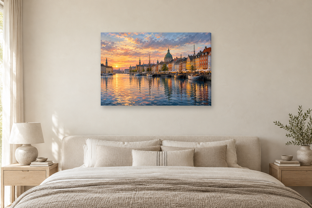 Copenhagen Harbour — horizontal canvas in a bedroom, full original artwork