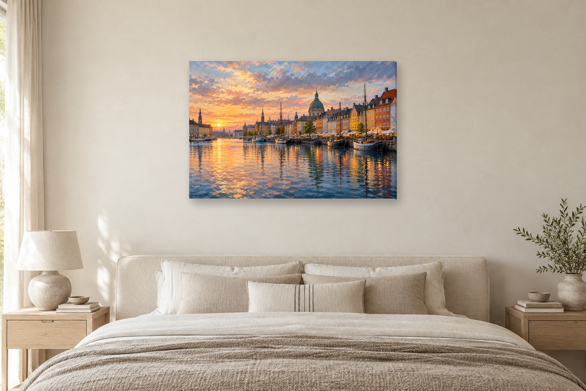 Copenhagen Harbour — horizontal canvas in a bedroom, full original artwork
