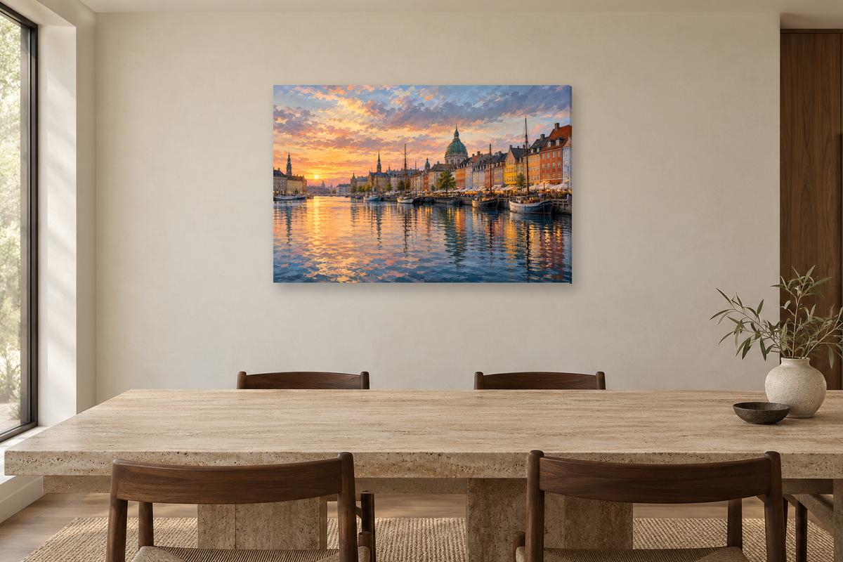 Copenhagen Harbour — horizontal canvas in a dining room, full original artwork