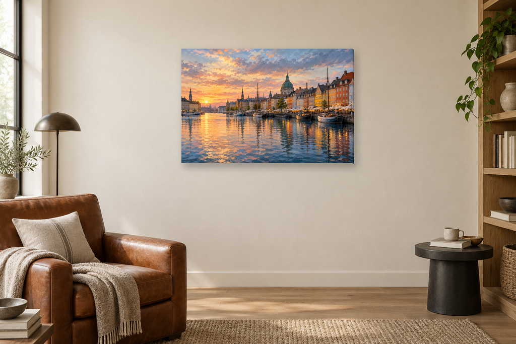 Copenhagen Harbour — horizontal canvas in a reading corner, full original artwork