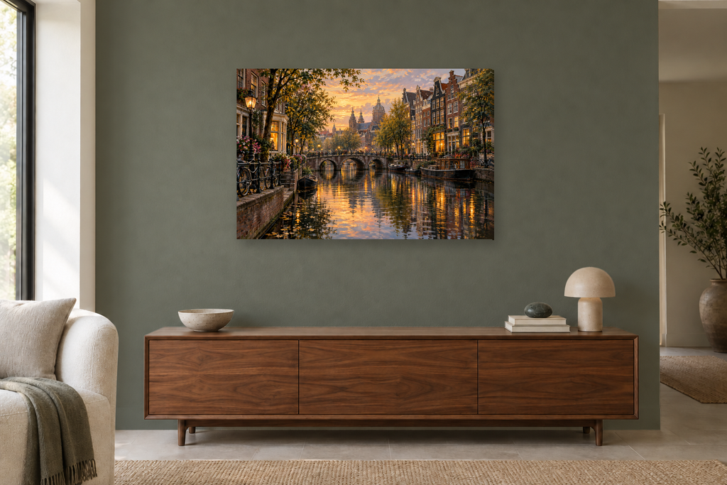 Amsterdam Reflections — horizontal canvas in a living room, full original artwork