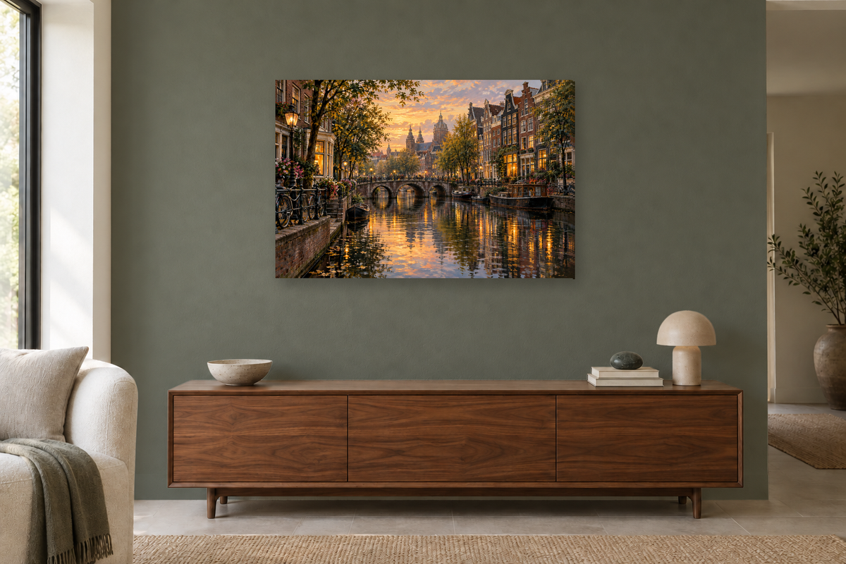 Amsterdam Reflections — horizontal canvas in a living room, full original artwork
