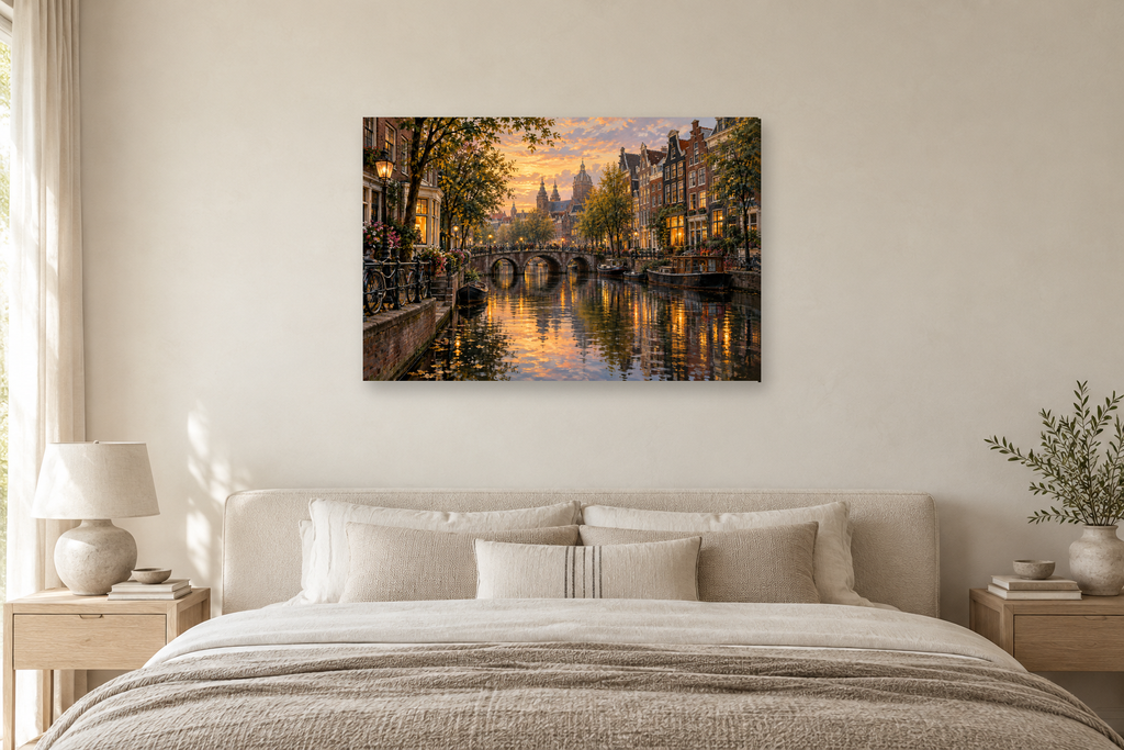 Amsterdam Reflections — horizontal canvas in a bedroom, full original artwork