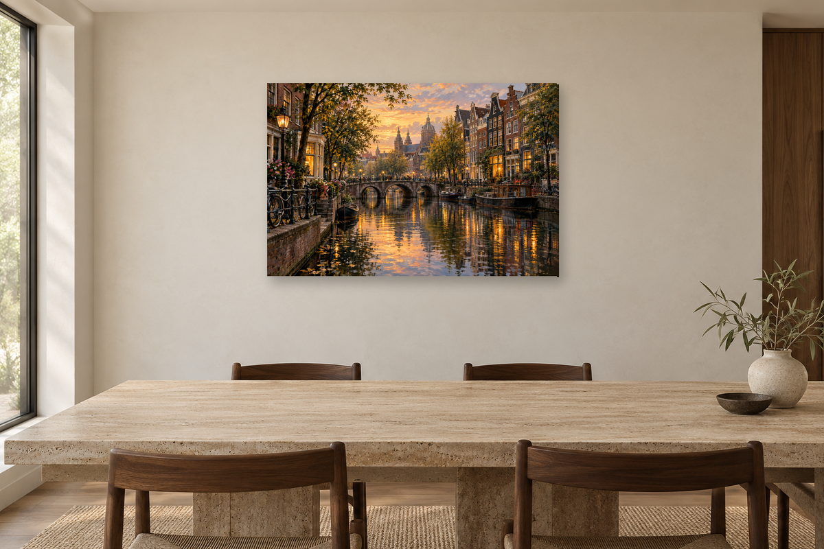 Amsterdam Reflections — horizontal canvas in a dining room, full original artwork