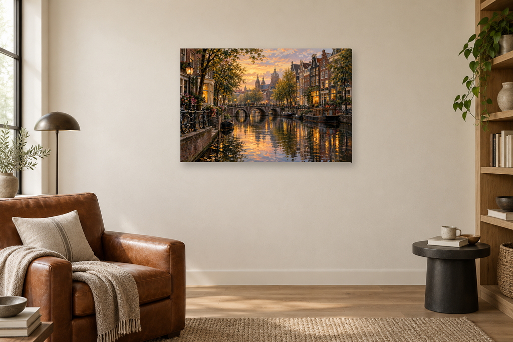 Amsterdam Reflections — horizontal canvas in a reading corner, full original artwork
