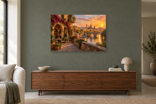 Barcelona Courtyard — horizontal canvas in a living room, full original artwork