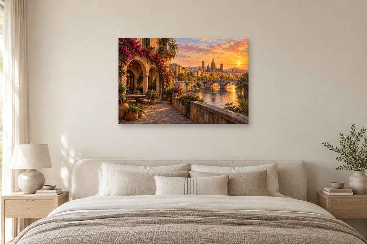 Barcelona Courtyard — horizontal canvas in a bedroom, full original artwork