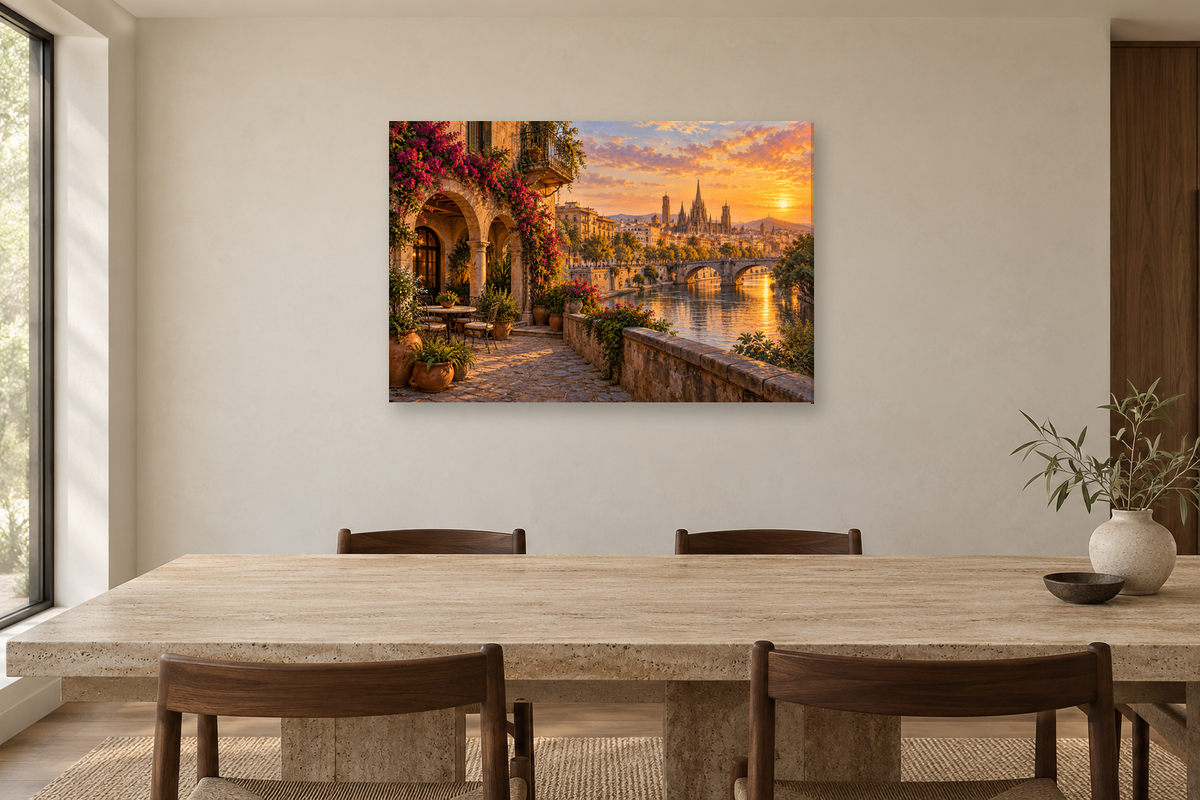 Barcelona Courtyard — horizontal canvas in a dining room, full original artwork