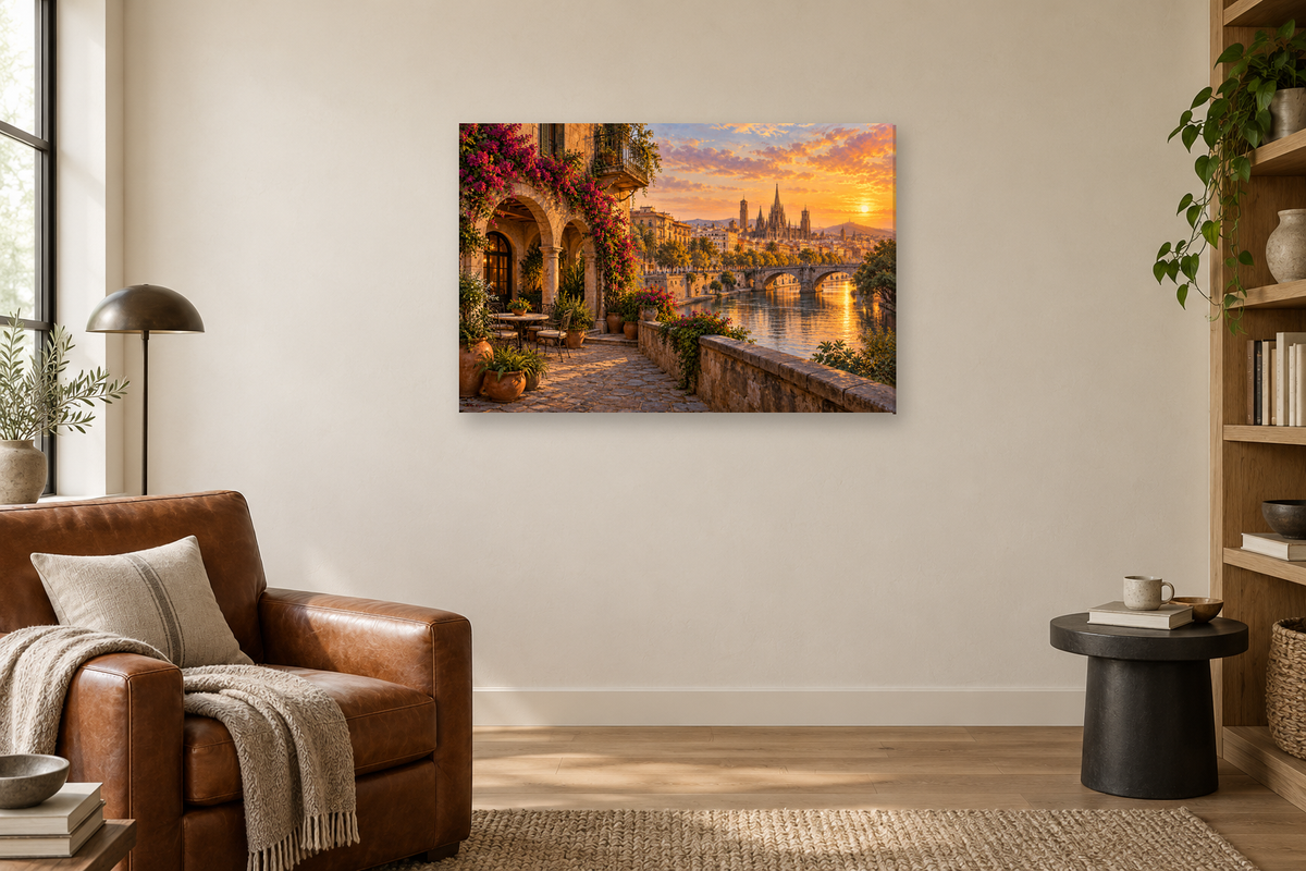 Barcelona Courtyard — horizontal canvas in a reading corner, full original artwork