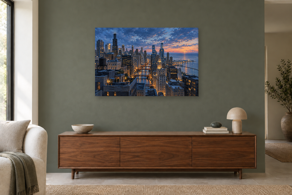 Chicago Blue Hour — horizontal canvas in a living room, full original artwork