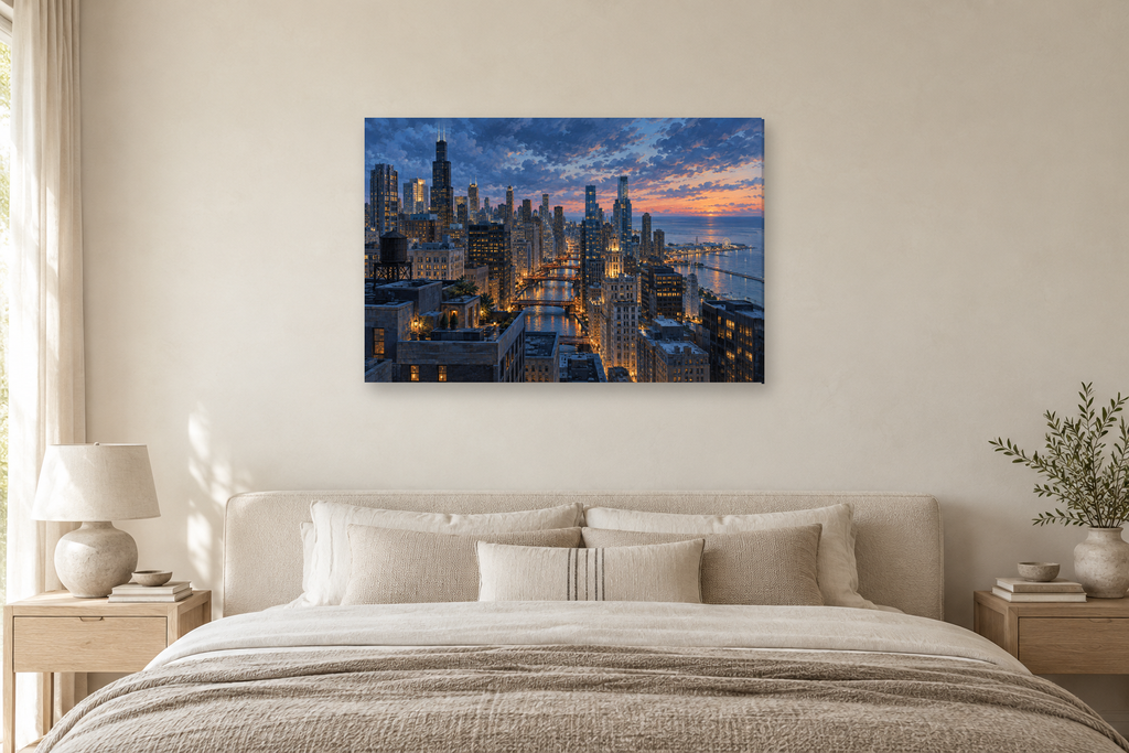 Chicago Blue Hour — horizontal canvas in a bedroom, full original artwork