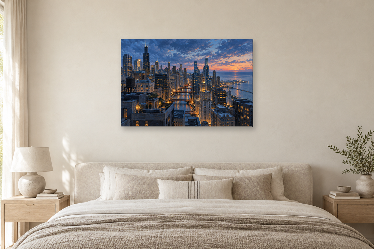 Chicago Blue Hour — horizontal canvas in a bedroom, full original artwork