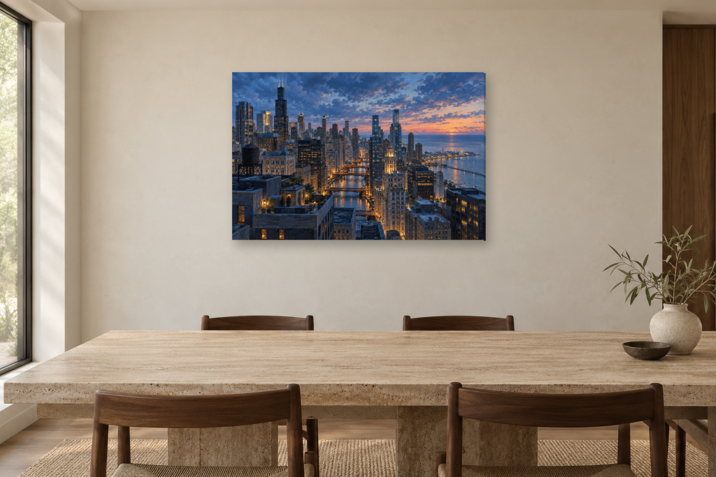 Chicago Blue Hour — horizontal canvas in a dining room, full original artwork
