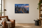 Chicago Blue Hour — horizontal canvas in a reading corner, full original artwork
