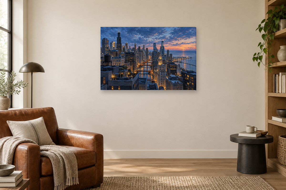 Chicago Blue Hour — horizontal canvas in a reading corner, full original artwork
