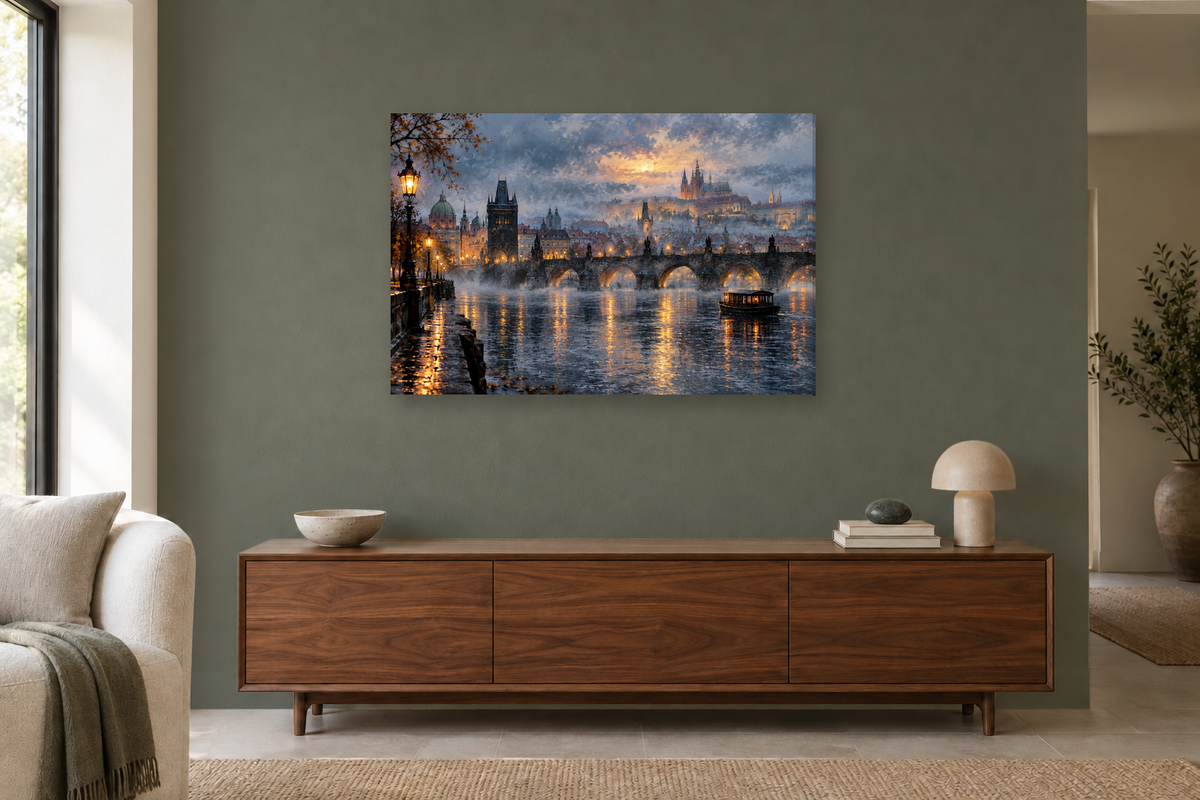 Prague River Mist — horizontal canvas in a living room, full original artwork