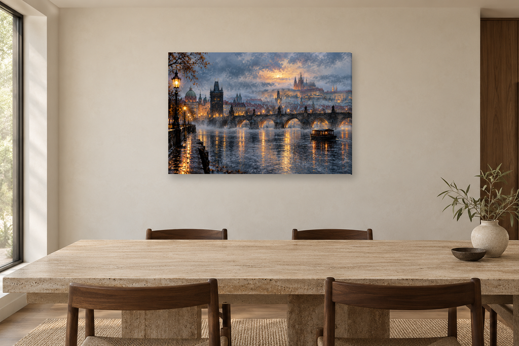 Prague River Mist — horizontal canvas in a dining room, full original artwork