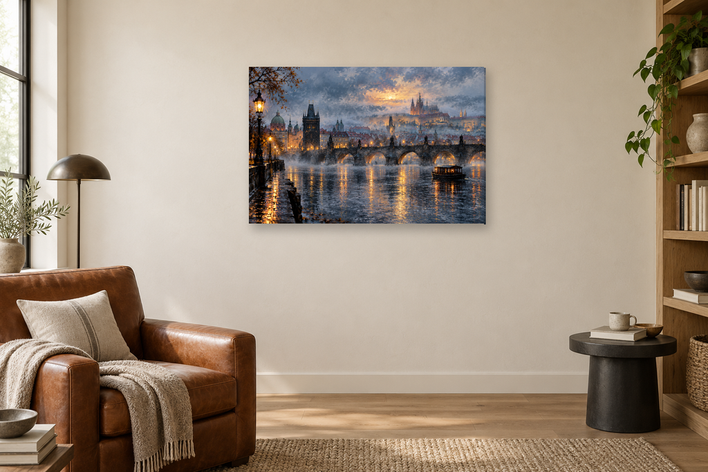 Prague River Mist — horizontal canvas in a reading corner, full original artwork