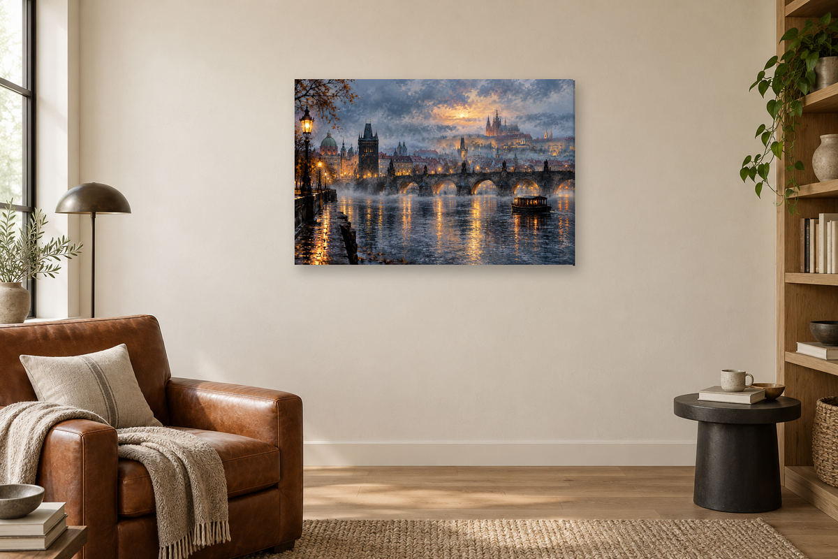 Prague River Mist — horizontal canvas in a reading corner, full original artwork