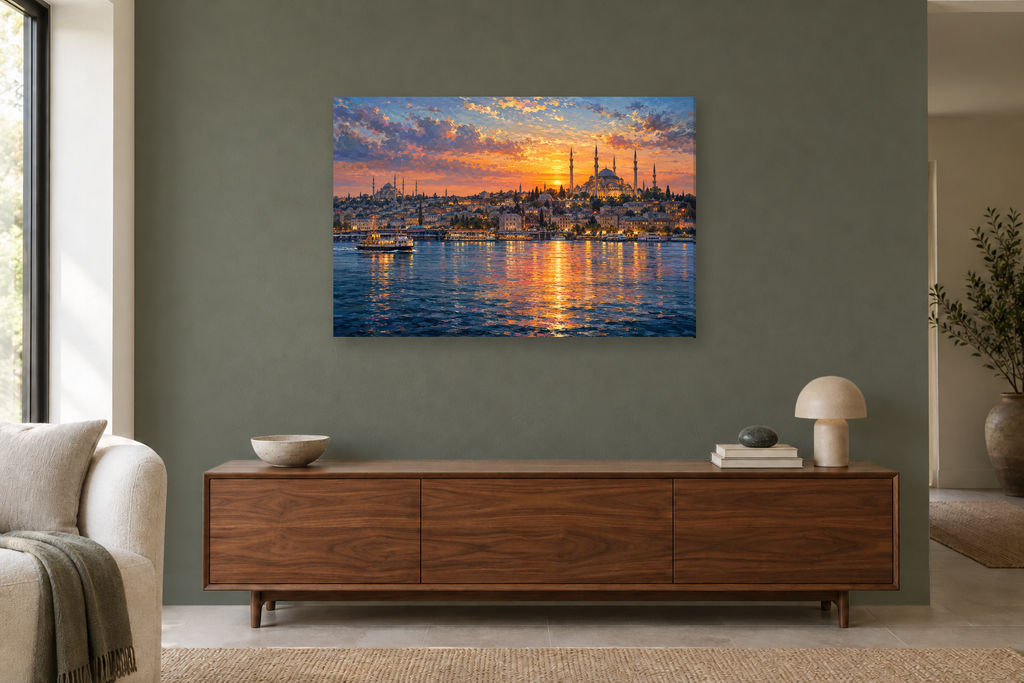 Istanbul Across Water — horizontal canvas in a living room, full original artwork