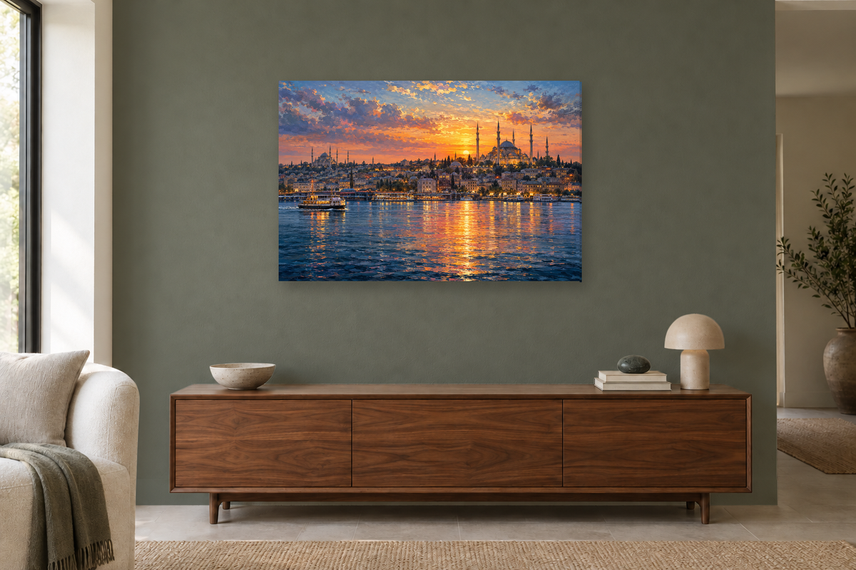 Istanbul Across Water — horizontal canvas in a living room, full original artwork
