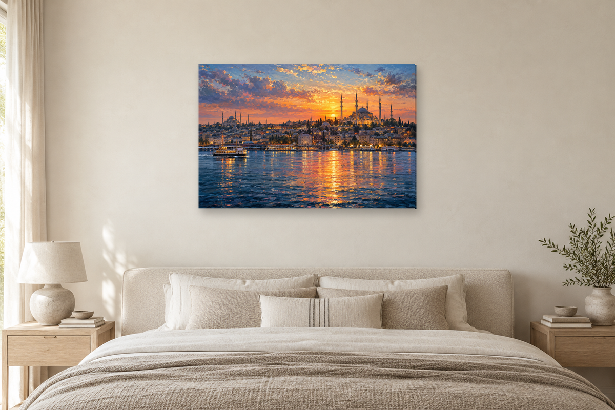 Istanbul Across Water — horizontal canvas in a bedroom, full original artwork