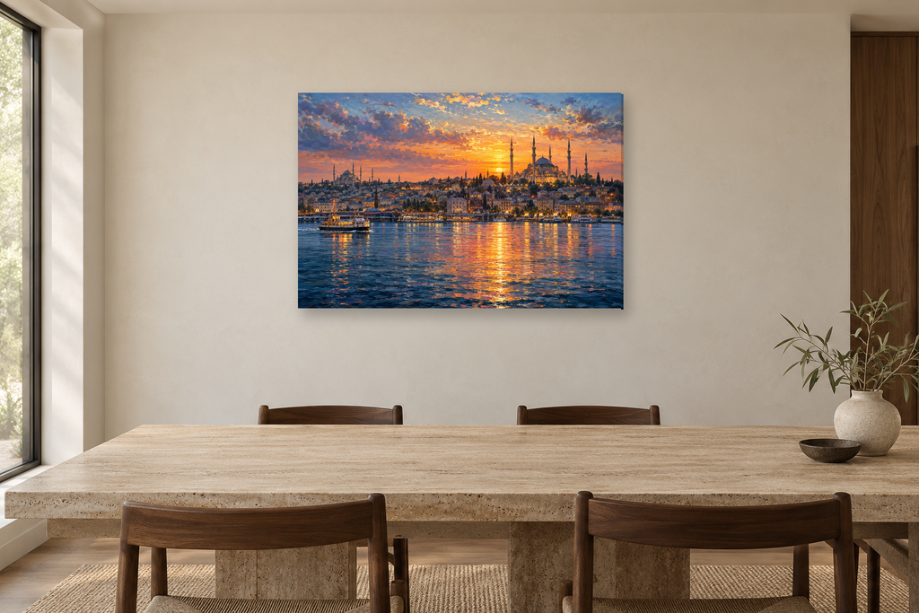 Istanbul Across Water — horizontal canvas in a dining room, full original artwork