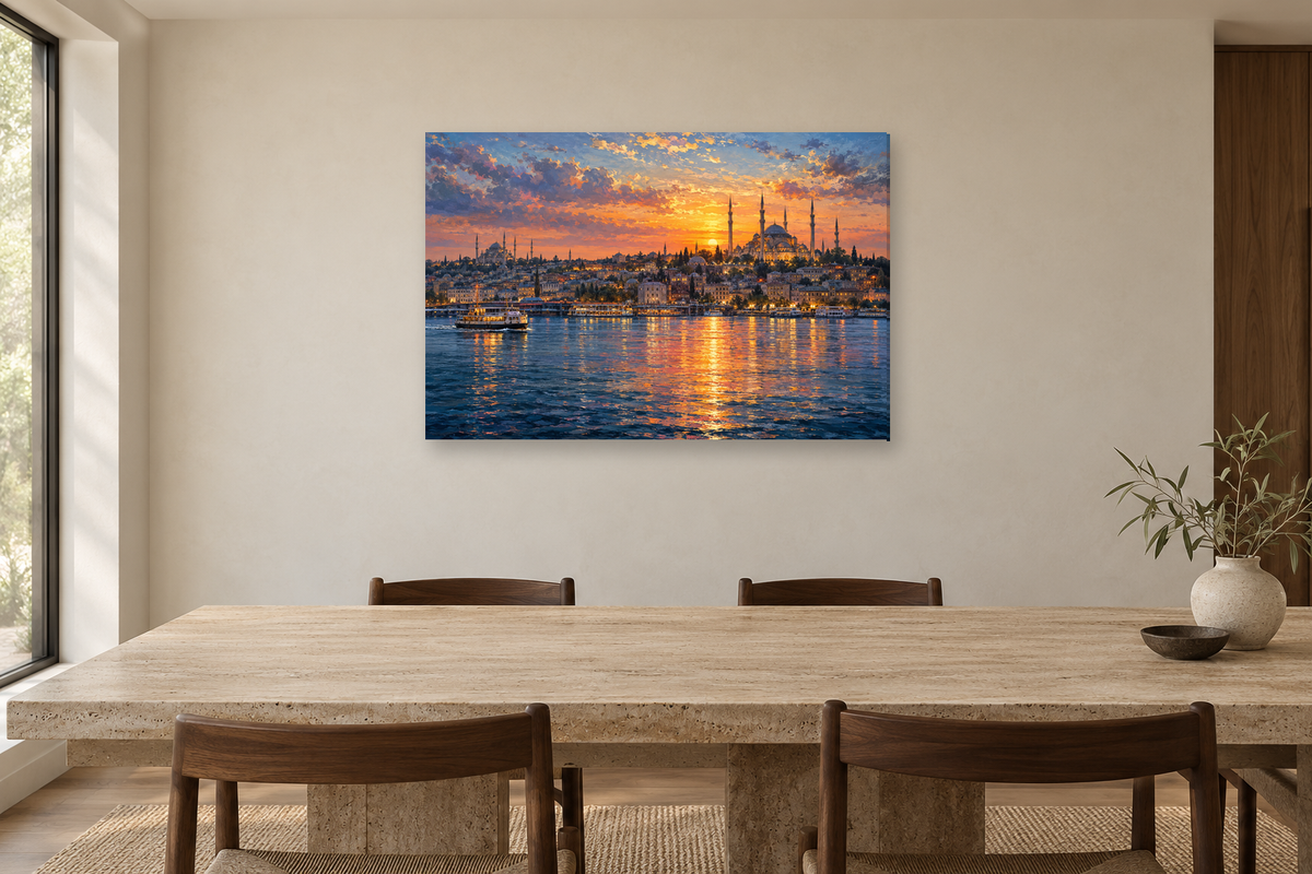 Istanbul Across Water — horizontal canvas in a dining room, full original artwork