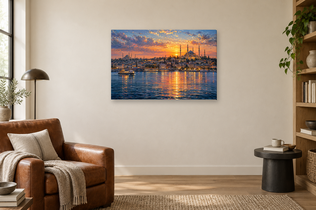 Istanbul Across Water — horizontal canvas in a reading corner, full original artwork